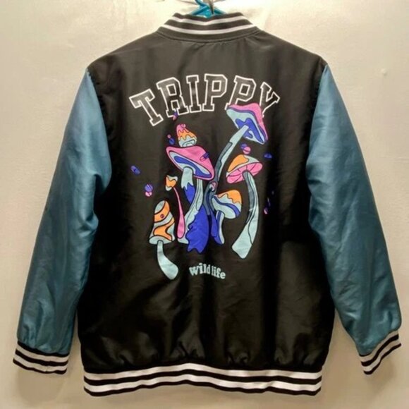 Rue21 Varsity Bomber Jacket Men's Medium Black Teal Trippy Wild Life Graphic EUC - Picture 6 of 13